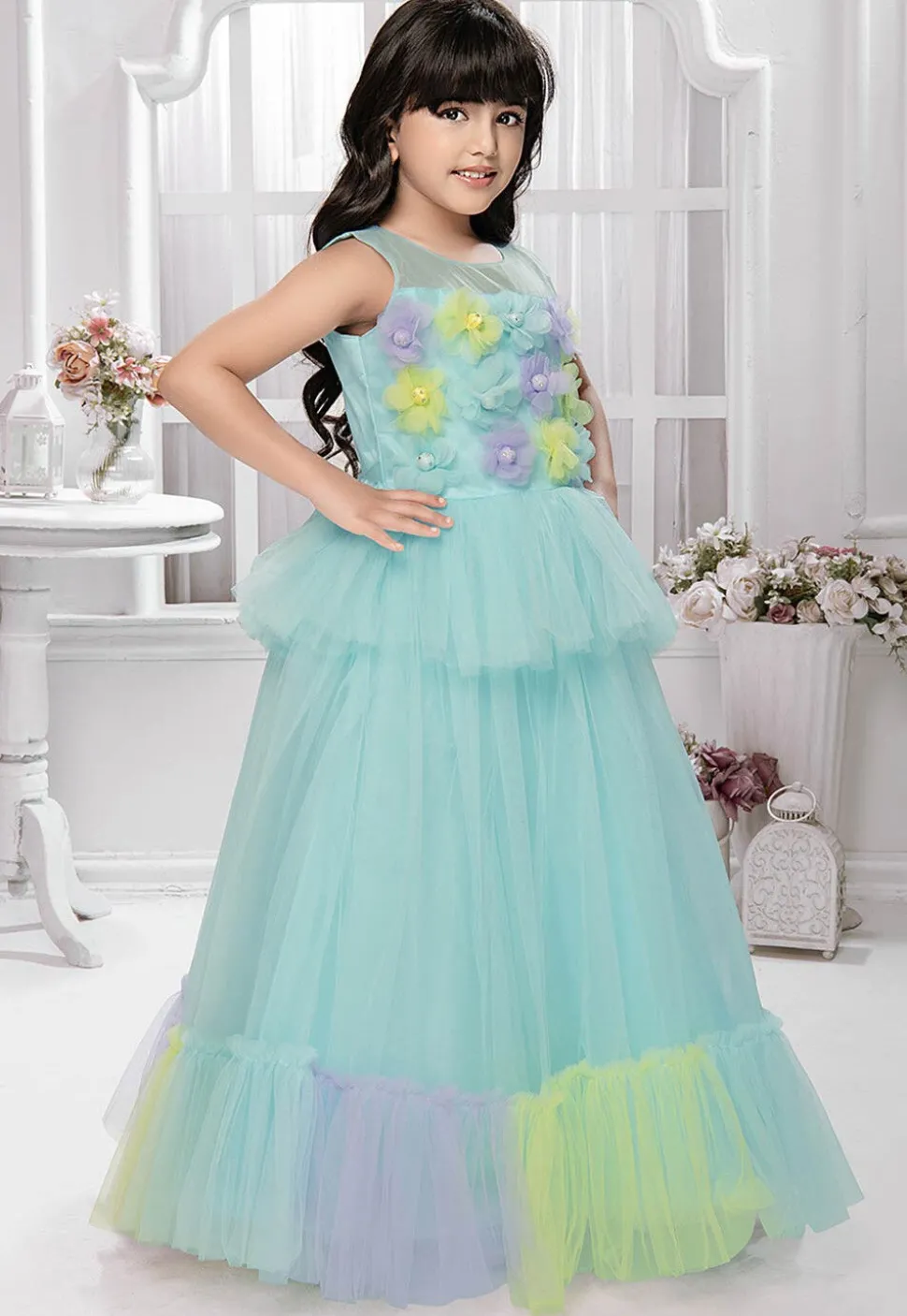 Embellished Net Gown in Sky Blue