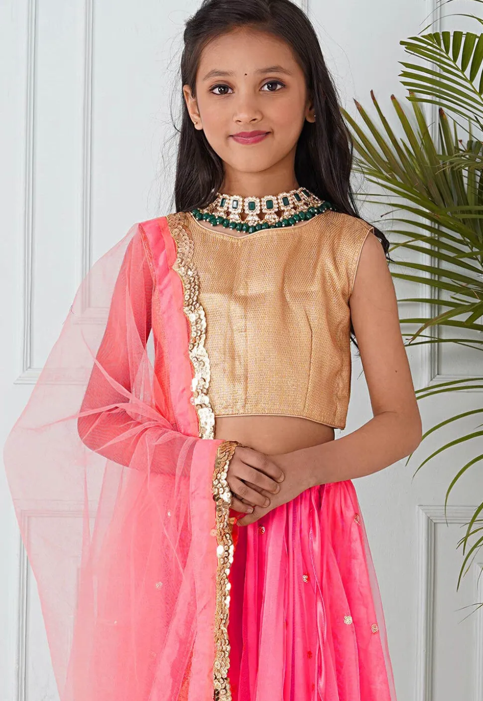 Embellished Net Lehenga in Coral Pink