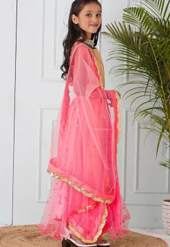 Embellished Net Lehenga in Coral Pink