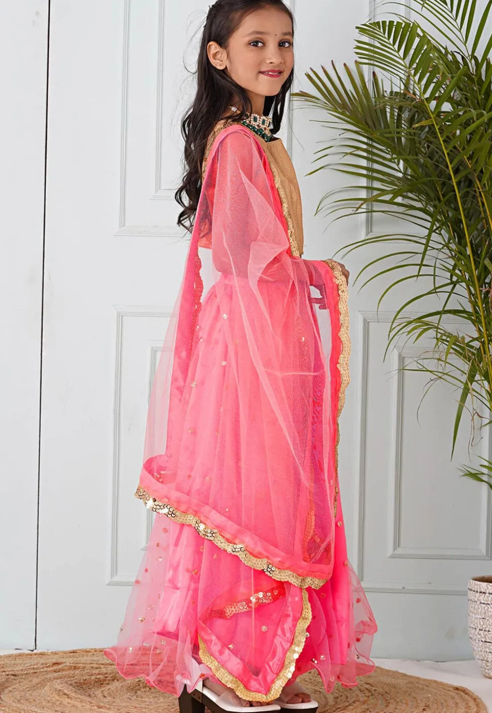 Embellished Net Lehenga in Coral Pink
