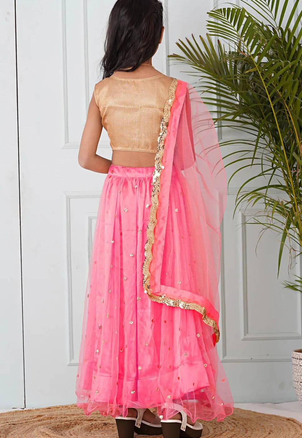 Embellished Net Lehenga in Coral Pink