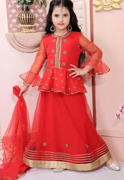 Embellished Net Lehenga in Red