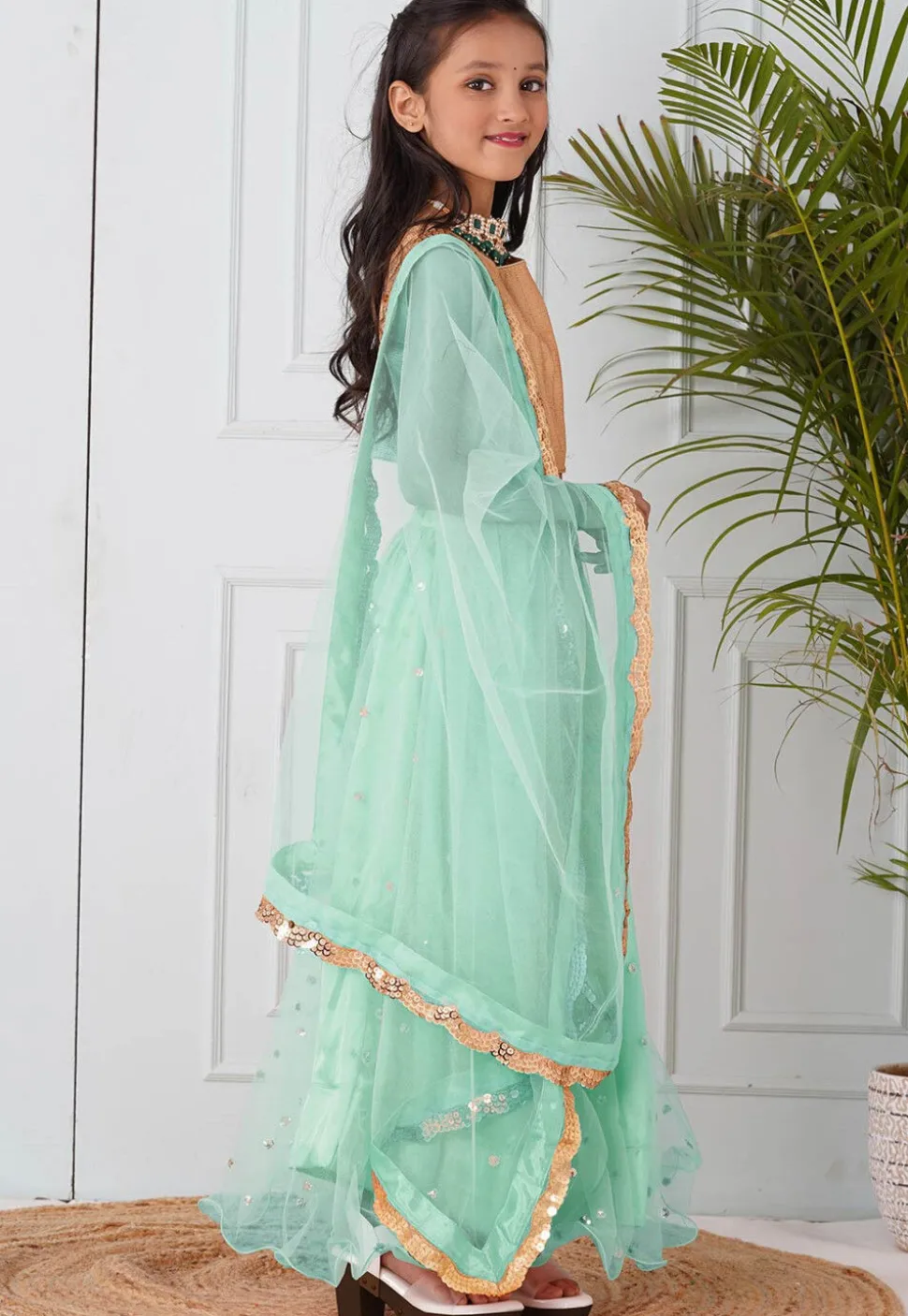 Embellished Net Lehenga in Pastel Green