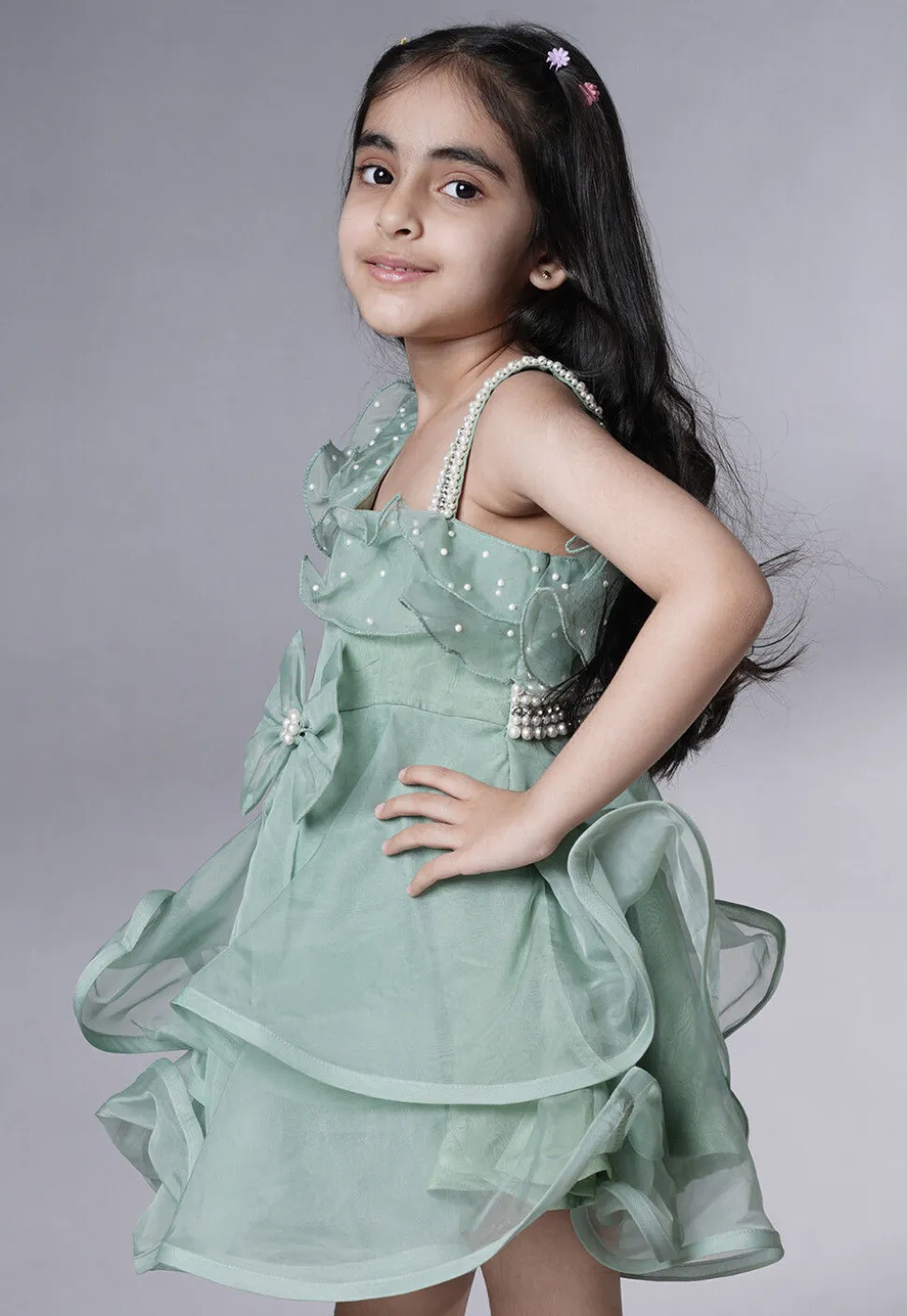 Embellished Organza Dress in Dusty Green