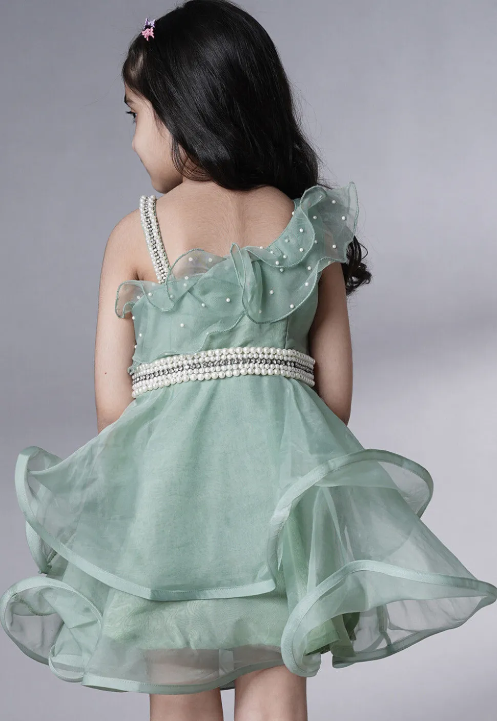 Embellished Organza Dress in Dusty Green