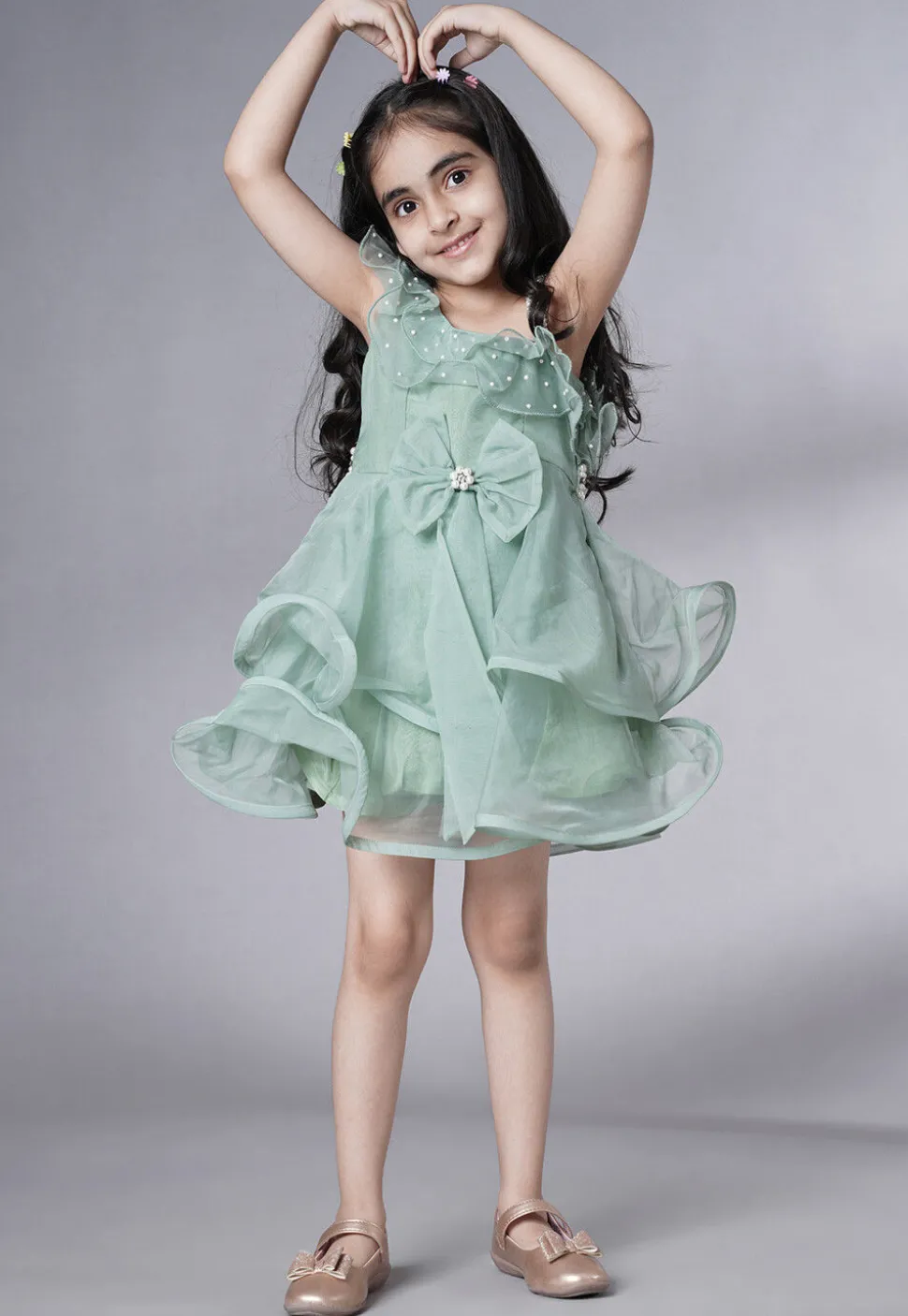 Embellished Organza Dress in Dusty Green