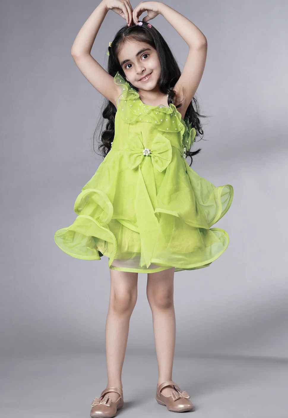 Embellished Organza Dress in Olive Green