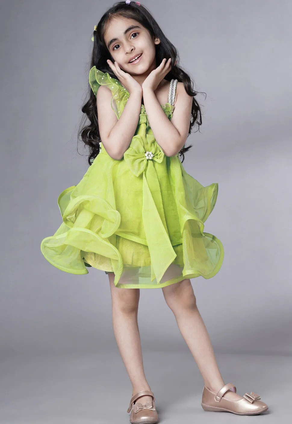 Embellished Organza Dress in Olive Green