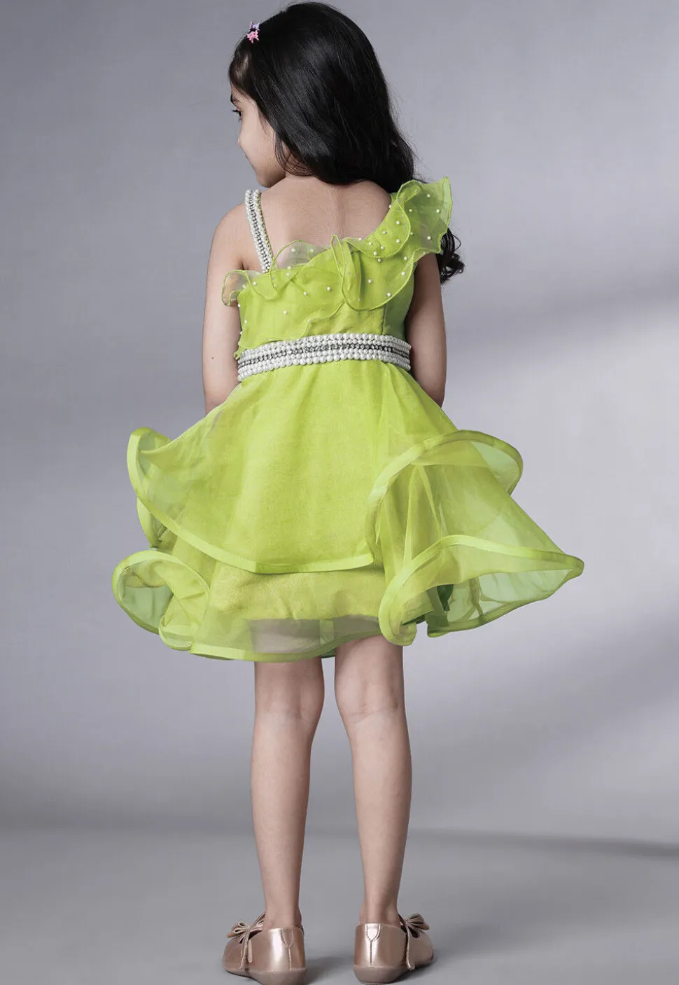 Embellished Organza Dress in Olive Green