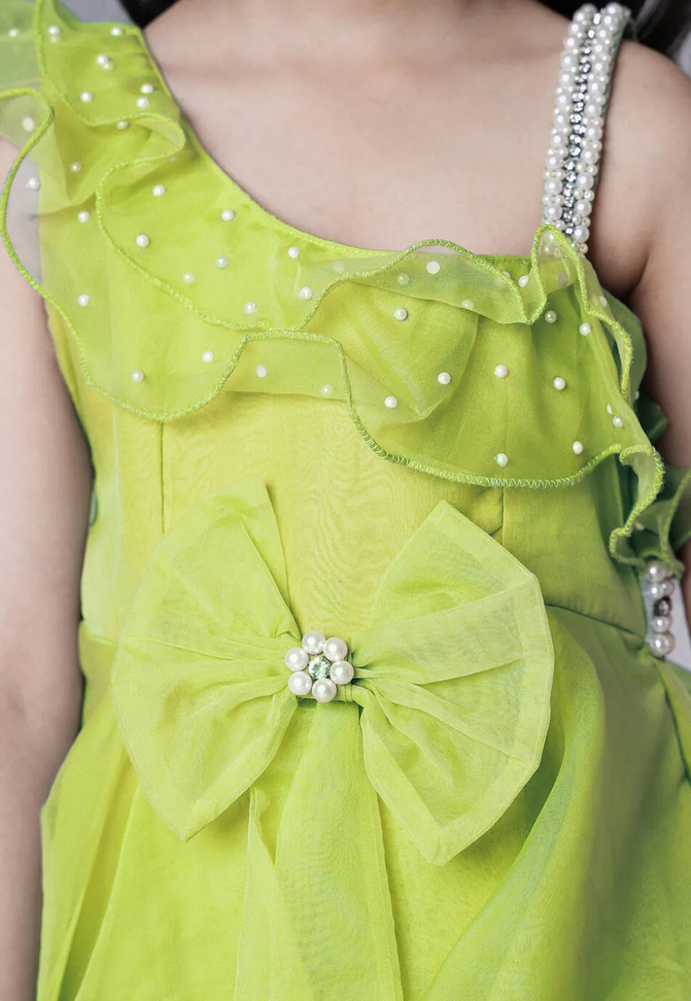 Embellished Organza Dress in Olive Green