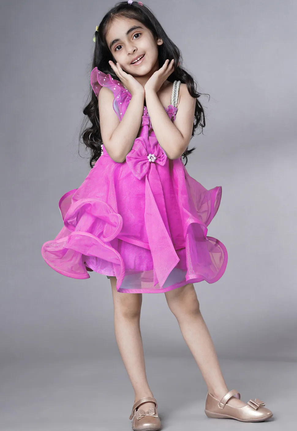 Embellished Organza Dress in Fuchsia