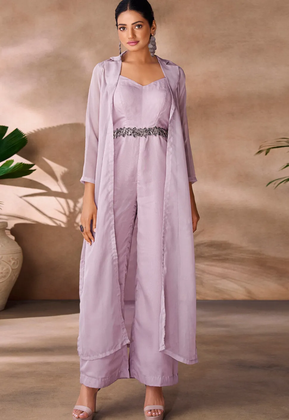 Embellished Organza Jumpsuit in Purple