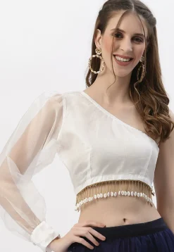 Embellished Organza One Shoulder Crop Top in White