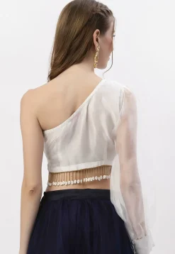 Embellished Organza One Shoulder Crop Top in White