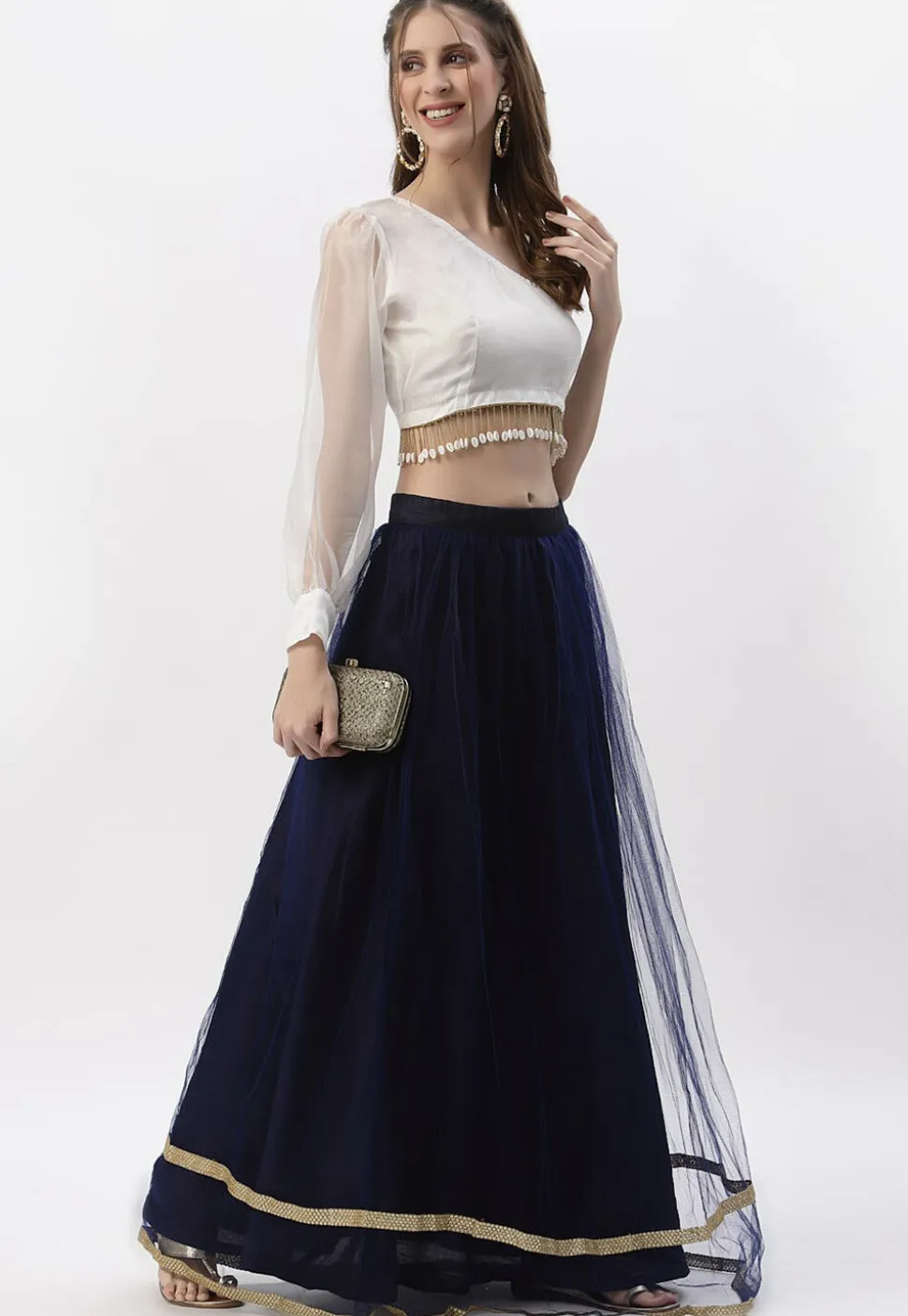 Embellished Organza One Shoulder Crop Top in White
