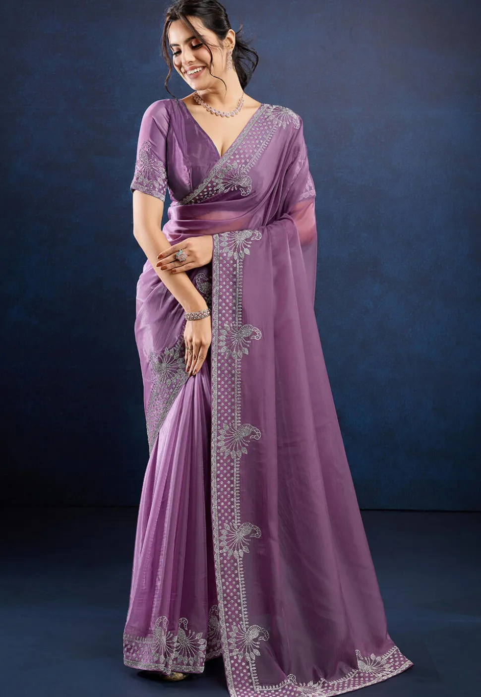 Embellished Organza Saree in Purple