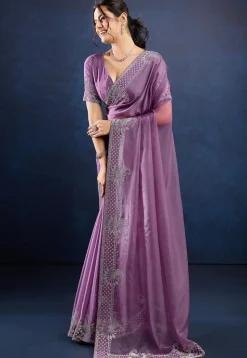 Embellished Organza Saree in Purple
