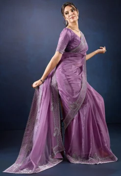 Embellished Organza Saree in Purple