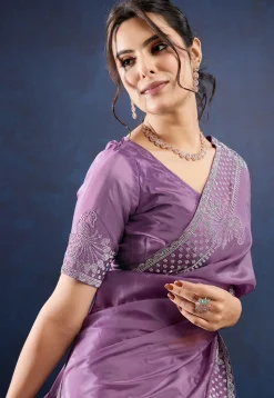 Embellished Organza Saree in Purple