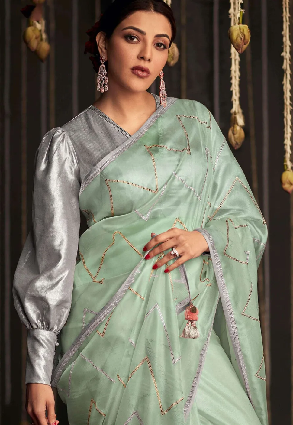 Embellished Organza Saree in Sea Green