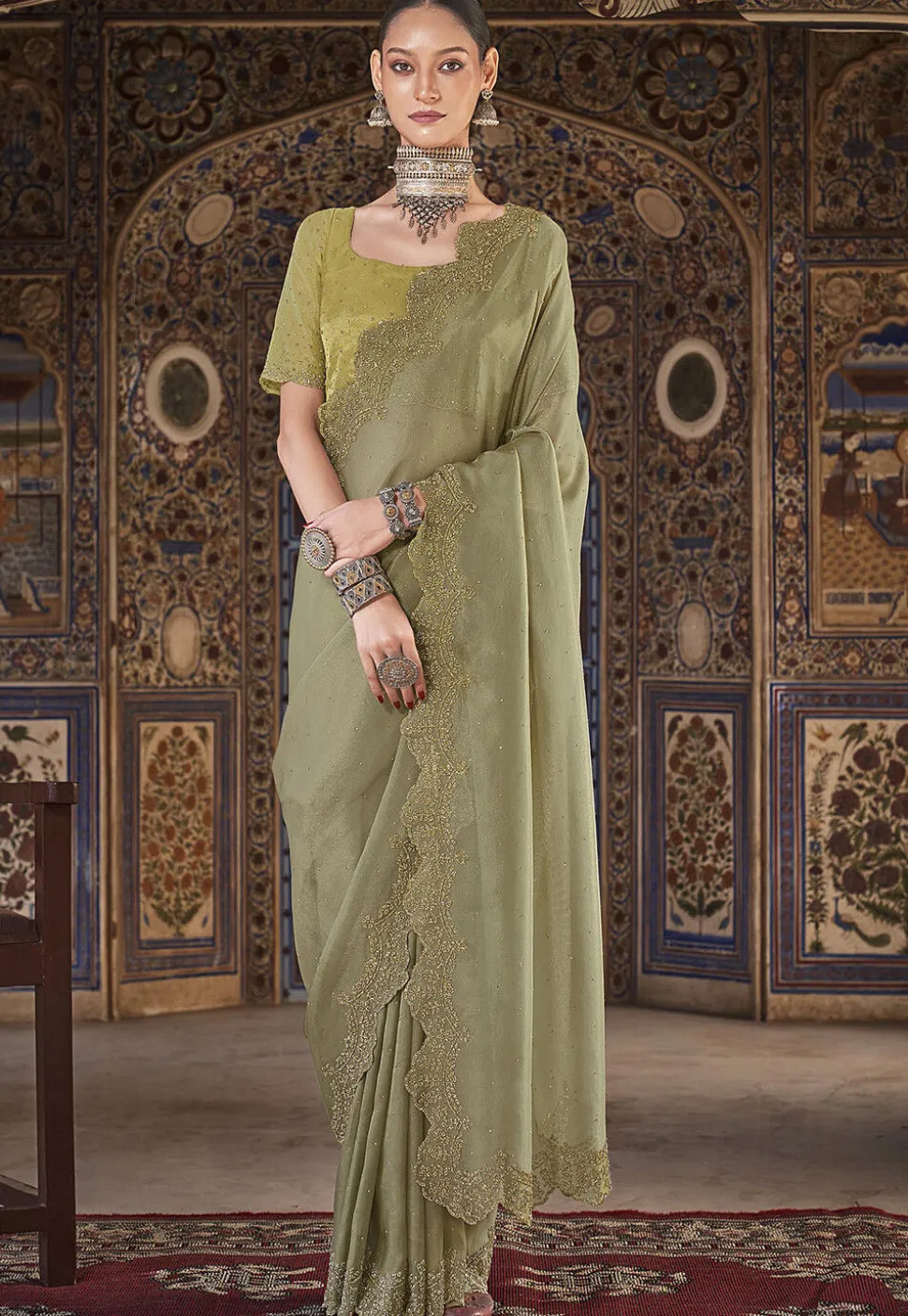 Embellished Organza Silk Scalloped Saree in Dusty Green