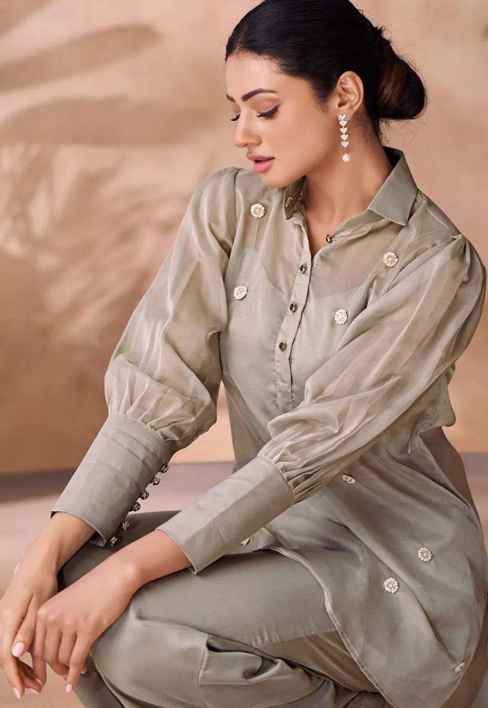Embellished Organza Tunic Set in Grey