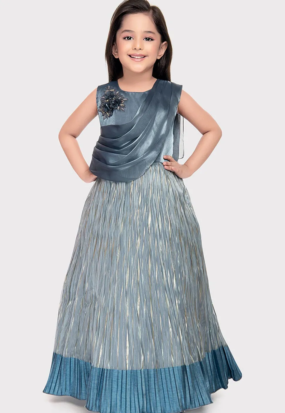 Embellished Polyester Gown with attached Dupatta in Dusty Blue and Grey