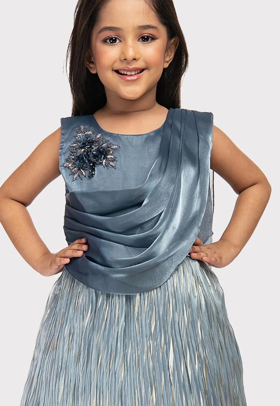 Embellished Polyester Gown with attached Dupatta in Dusty Blue and Grey