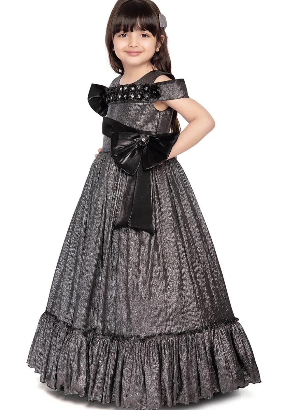 Embellished Polyester Gown in Grey