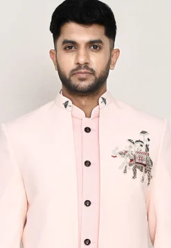 Embellished Polyester Jodhpuri Suit in Peach