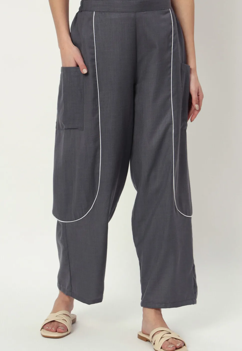 Embellished Pure Cotton Pant in Grey