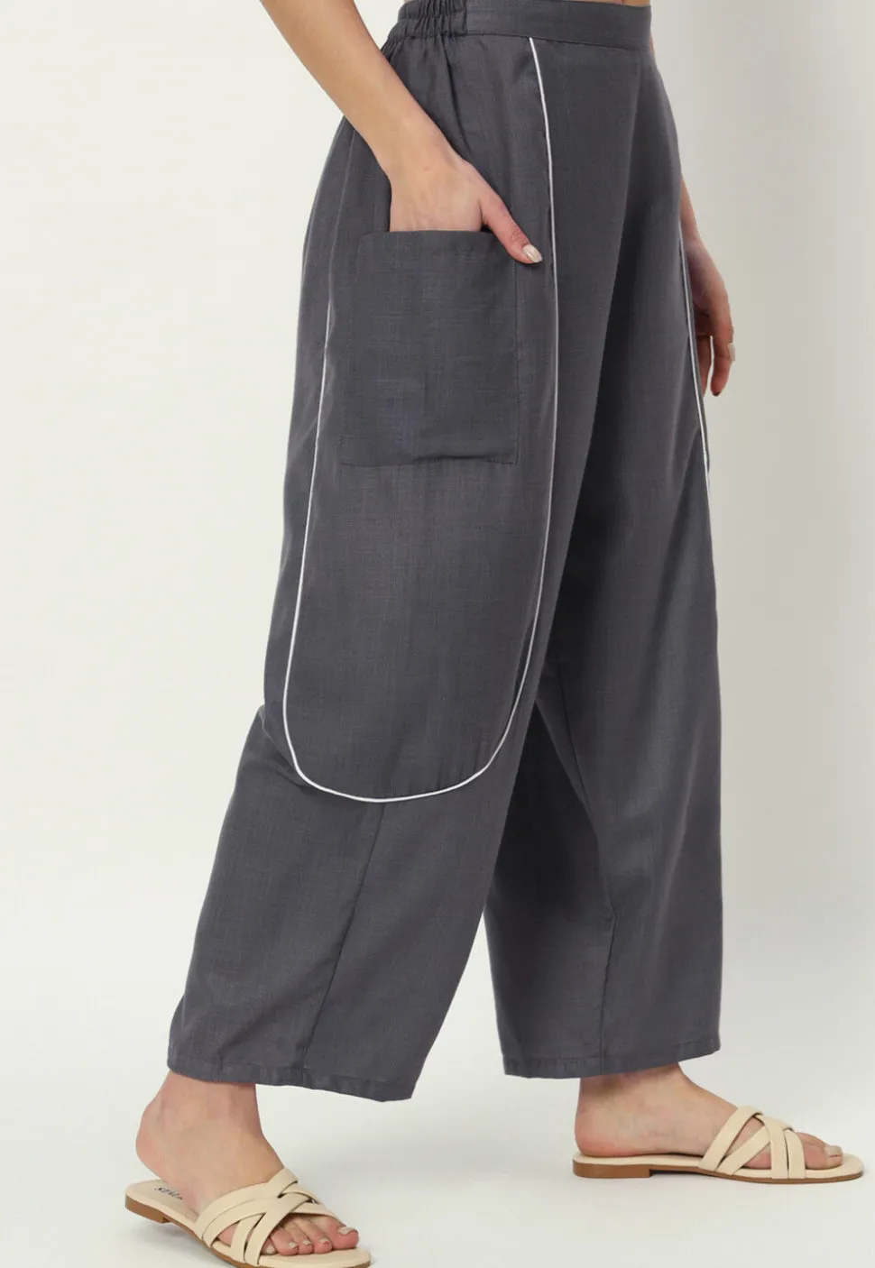 Embellished Pure Cotton Pant in Grey