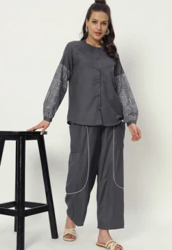 Embellished Pure Cotton Pant in Grey
