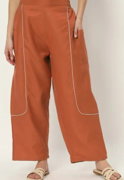 Embellished Pure Cotton Pant in Rust