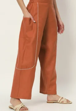 Embellished Pure Cotton Pant in Rust
