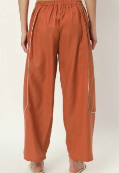 Embellished Pure Cotton Pant in Rust