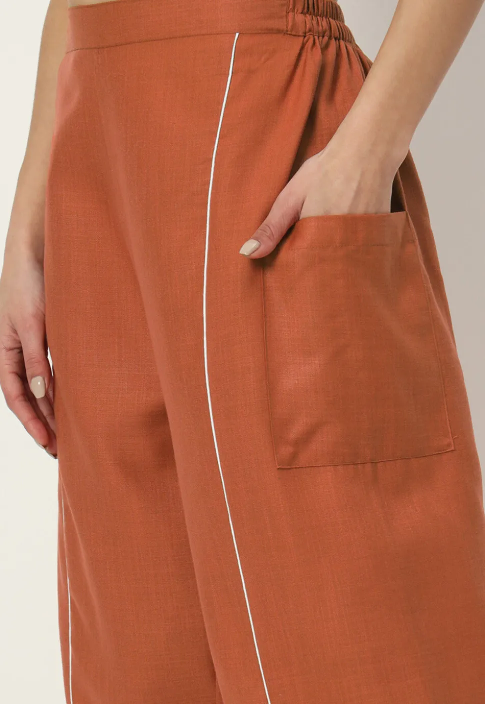 Embellished Pure Cotton Pant in Rust