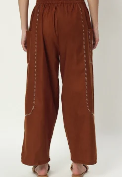 Embellished Pure Cotton Pant in Brown