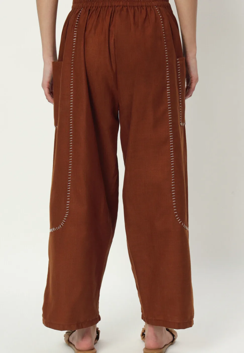 Embellished Pure Cotton Pant in Brown
