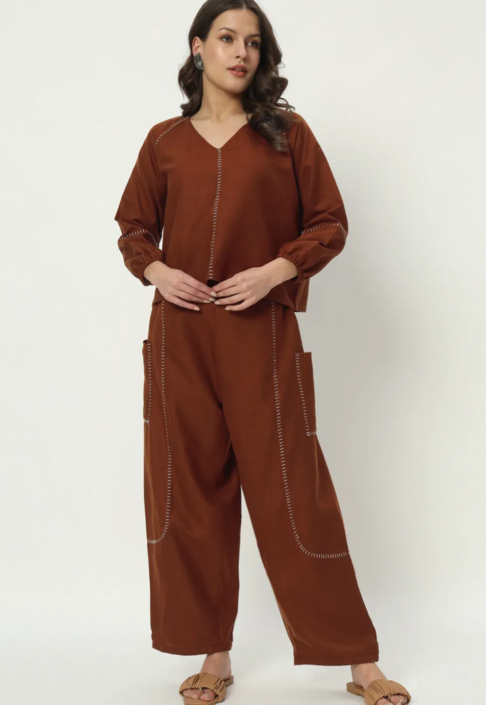 Embellished Pure Cotton Pant in Brown