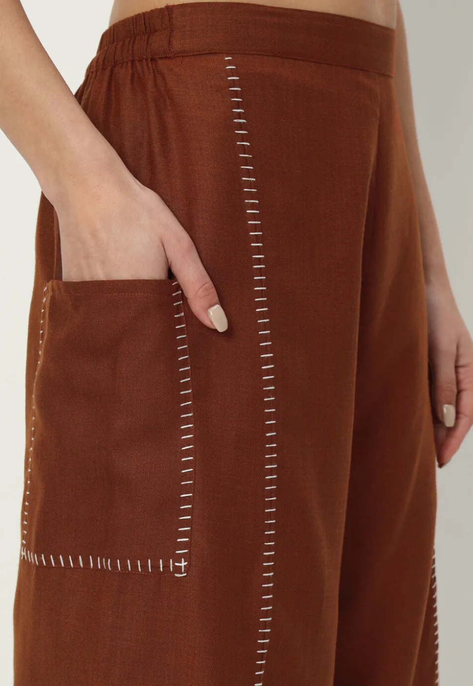 Embellished Pure Cotton Pant in Brown