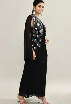Embellished Pure Georgette Maxi Dress in Black