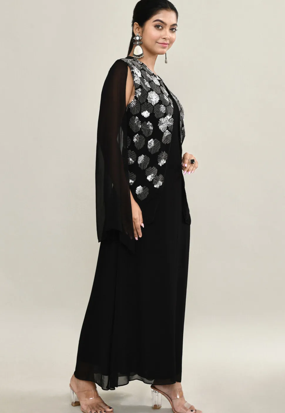 Embellished Pure Georgette Maxi Dress in Black