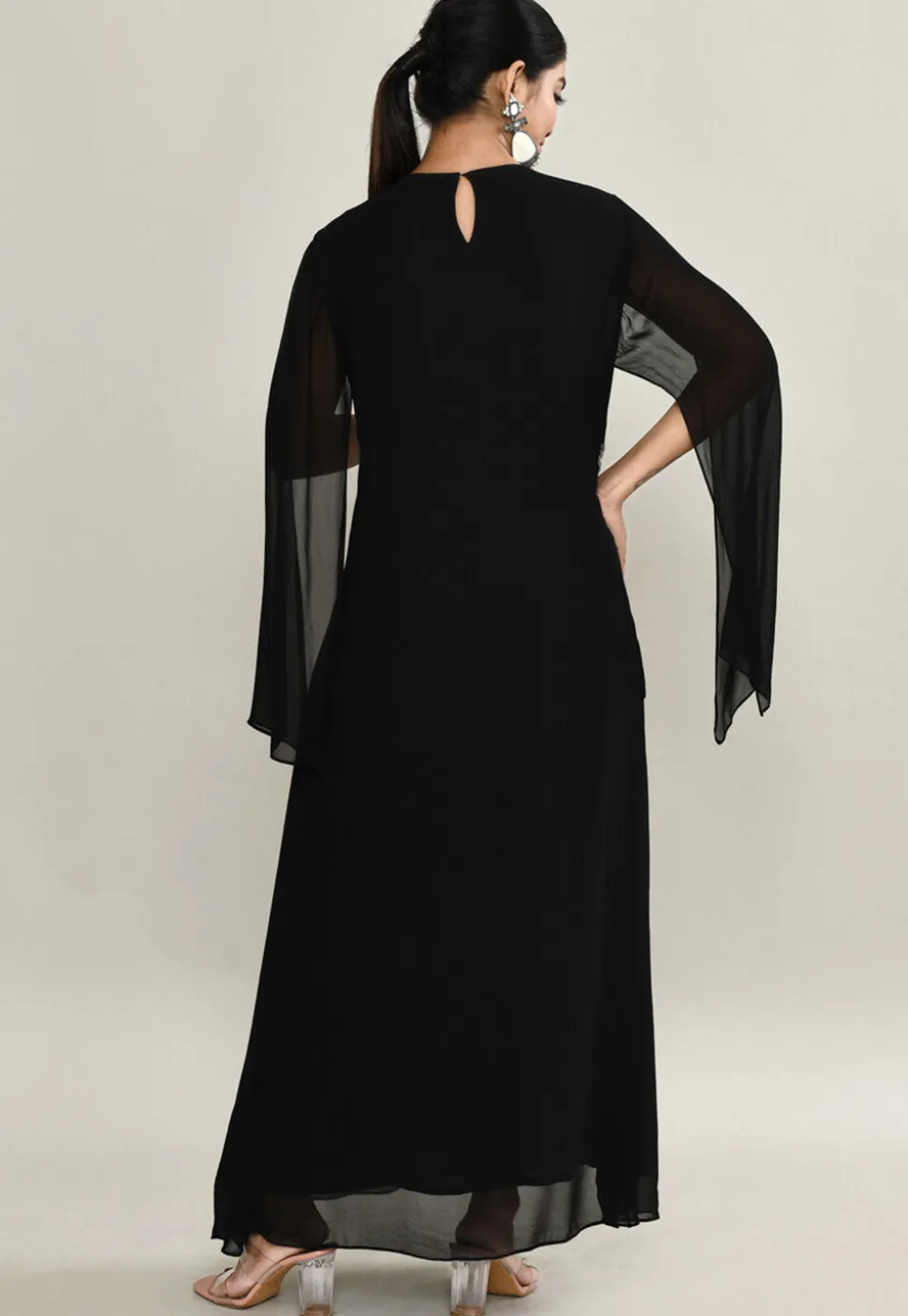 Embellished Pure Georgette Maxi Dress in Black