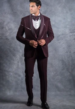 Embellished Pure Terry Rayon Tuxedo Set in Wine