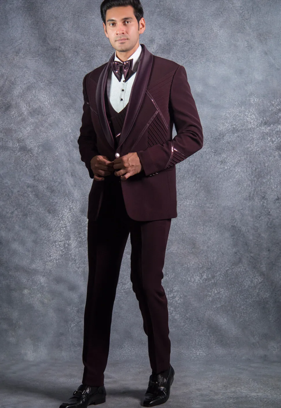 Embellished Pure Terry Rayon Tuxedo Set in Wine
