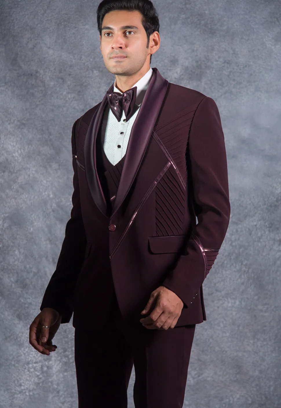 Embellished Pure Terry Rayon Tuxedo Set in Wine