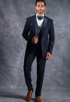Embellished Pure Terry Rayon Tuxedo Set in Dark Blue