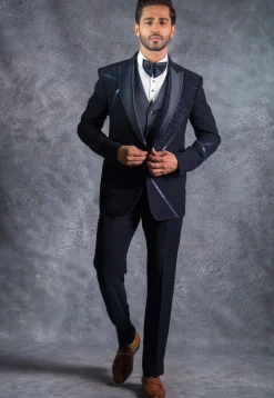 Embellished Pure Terry Rayon Tuxedo Set in Dark Blue