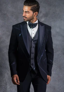 Embellished Pure Terry Rayon Tuxedo Set in Dark Blue